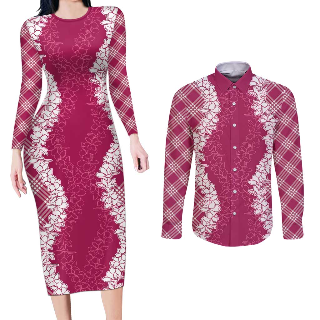 Hawaii Aloha Plumeria Lei Fuschia Palaka Couples Matching Long Sleeve Bodycon Dress and Long Sleeve Button Shirt - Polynesian Pride