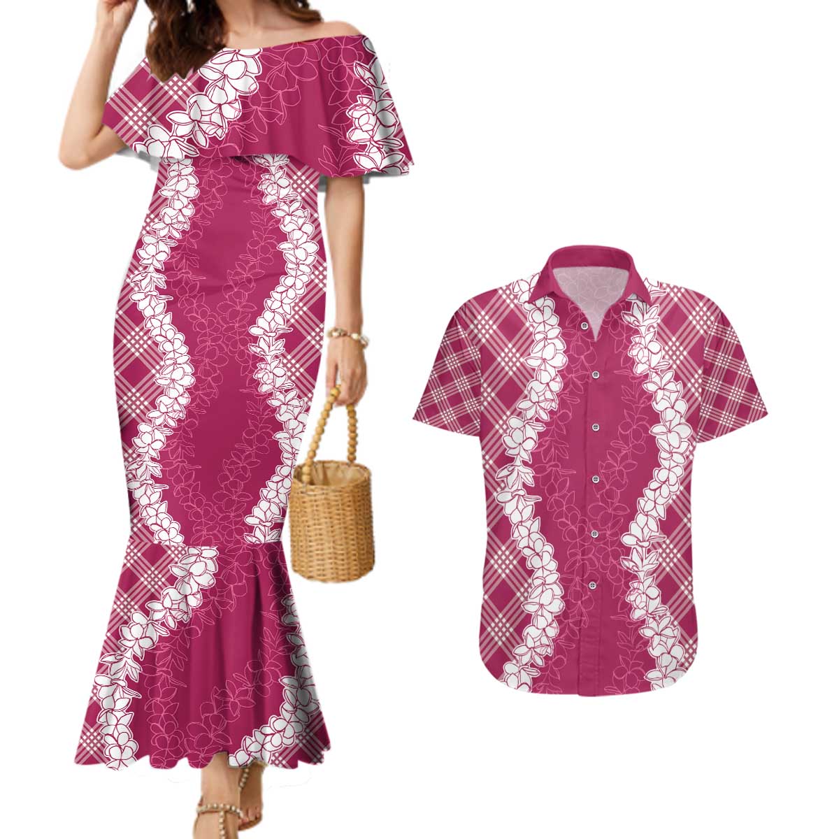 Hawaii Aloha Plumeria Lei Fuschia Palaka Couples Matching Mermaid Dress and Hawaiian Shirt - Polynesian Pride
