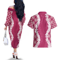 Hawaii Aloha Plumeria Lei Fuschia Palaka Couples Matching Off The Shoulder Long Sleeve Dress and Hawaiian Shirt - Polynesian Pride