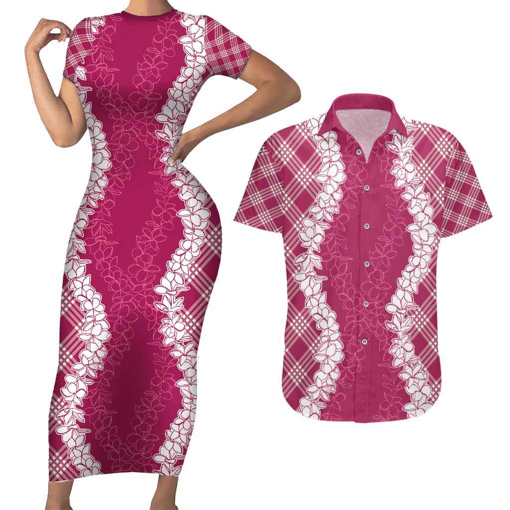 Hawaii Aloha Plumeria Lei Fuschia Palaka Couples Matching Short Sleeve Bodycon Dress and Hawaiian Shirt - Polynesian Pride