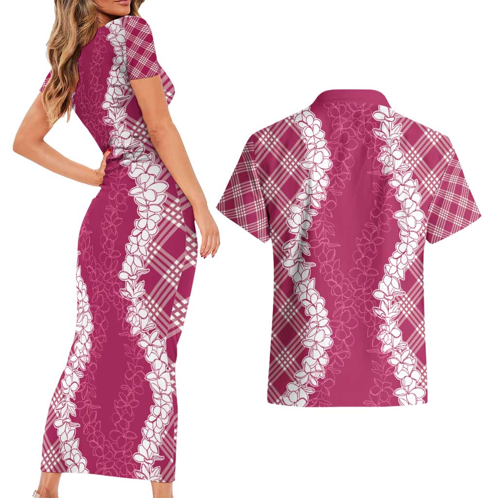 Hawaii Aloha Plumeria Lei Fuschia Palaka Couples Matching Short Sleeve Bodycon Dress and Hawaiian Shirt LT7 - Polynesian Pride