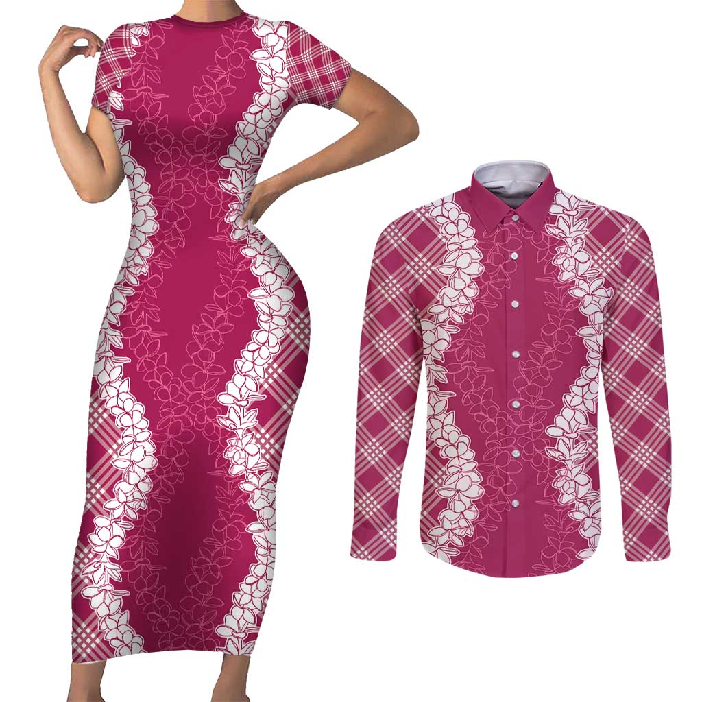 Hawaii Aloha Plumeria Lei Fuschia Palaka Couples Matching Short Sleeve Bodycon Dress and Long Sleeve Button Shirt LT7 Fuschia - Polynesian Pride