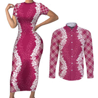 Hawaii Aloha Plumeria Lei Fuschia Palaka Couples Matching Short Sleeve Bodycon Dress and Long Sleeve Button Shirt LT7 Fuschia - Polynesian Pride