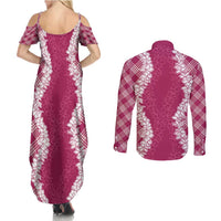 Hawaii Aloha Plumeria Lei Fuschia Palaka Couples Matching Summer Maxi Dress and Long Sleeve Button Shirt - Polynesian Pride