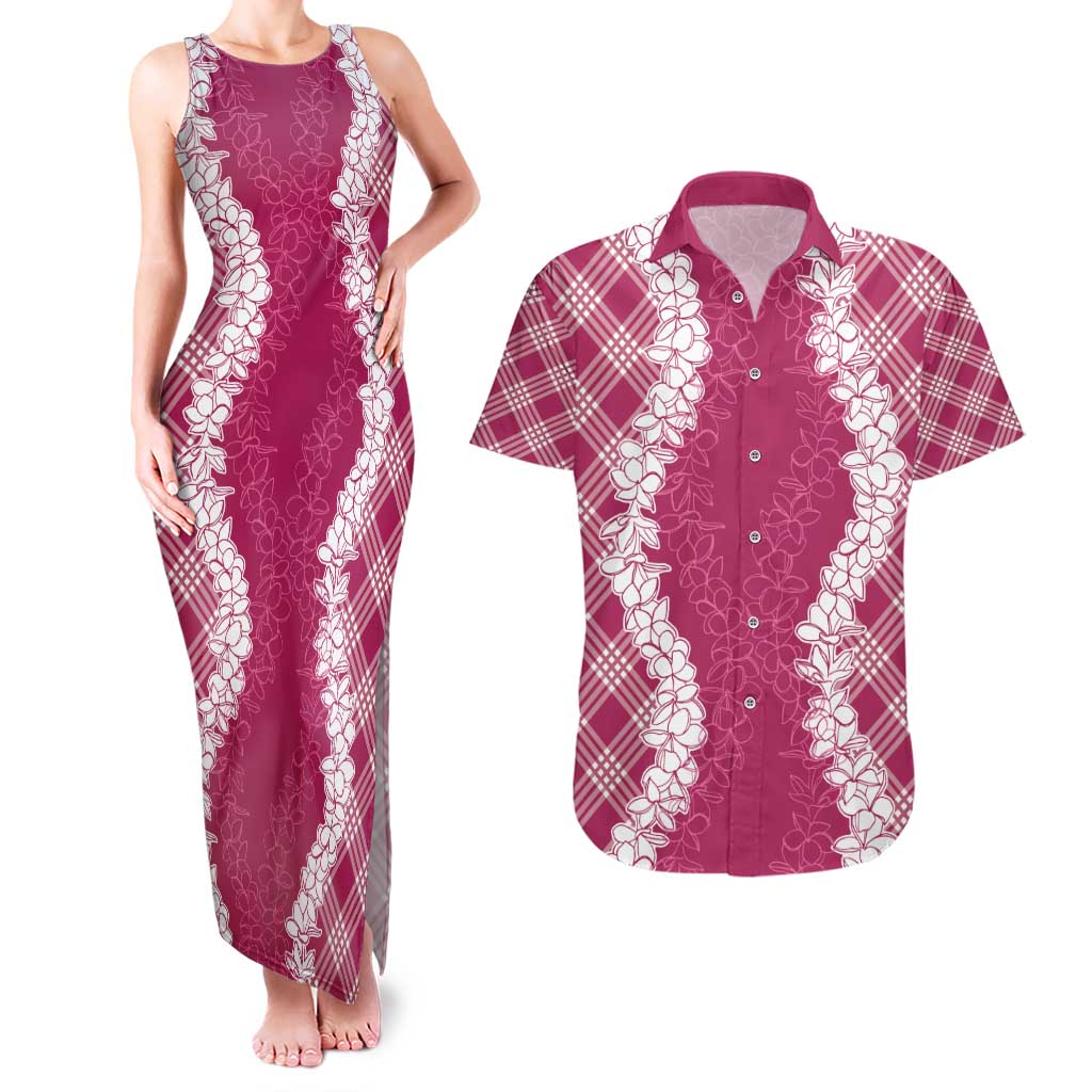 Hawaii Aloha Plumeria Lei Fuschia Palaka Couples Matching Tank Maxi Dress and Hawaiian Shirt LT7 Fuschia - Polynesian Pride