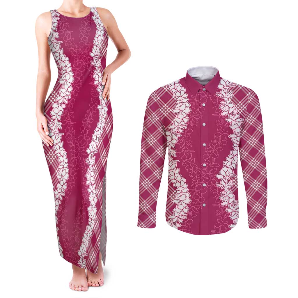 Hawaii Aloha Plumeria Lei Fuschia Palaka Couples Matching Tank Maxi Dress and Long Sleeve Button Shirt LT7 Fuschia - Polynesian Pride