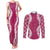 Hawaii Aloha Plumeria Lei Fuschia Palaka Couples Matching Tank Maxi Dress and Long Sleeve Button Shirt - Polynesian Pride