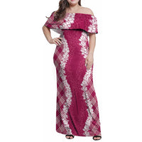 Hawaii Aloha Plumeria Lei Fuschia Palaka Family Matching Off Shoulder Maxi Dress and Hawaiian Shirt - Polynesian Pride
