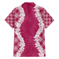 Hawaii Aloha Plumeria Lei Fuschia Palaka Family Matching Off Shoulder Short Dress and Hawaiian Shirt - Polynesian Pride