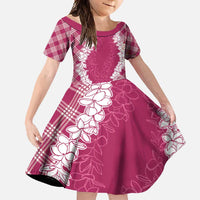 Hawaii Aloha Plumeria Lei Fuschia Palaka Family Matching Short Sleeve Bodycon Dress and Hawaiian Shirt - Polynesian Pride