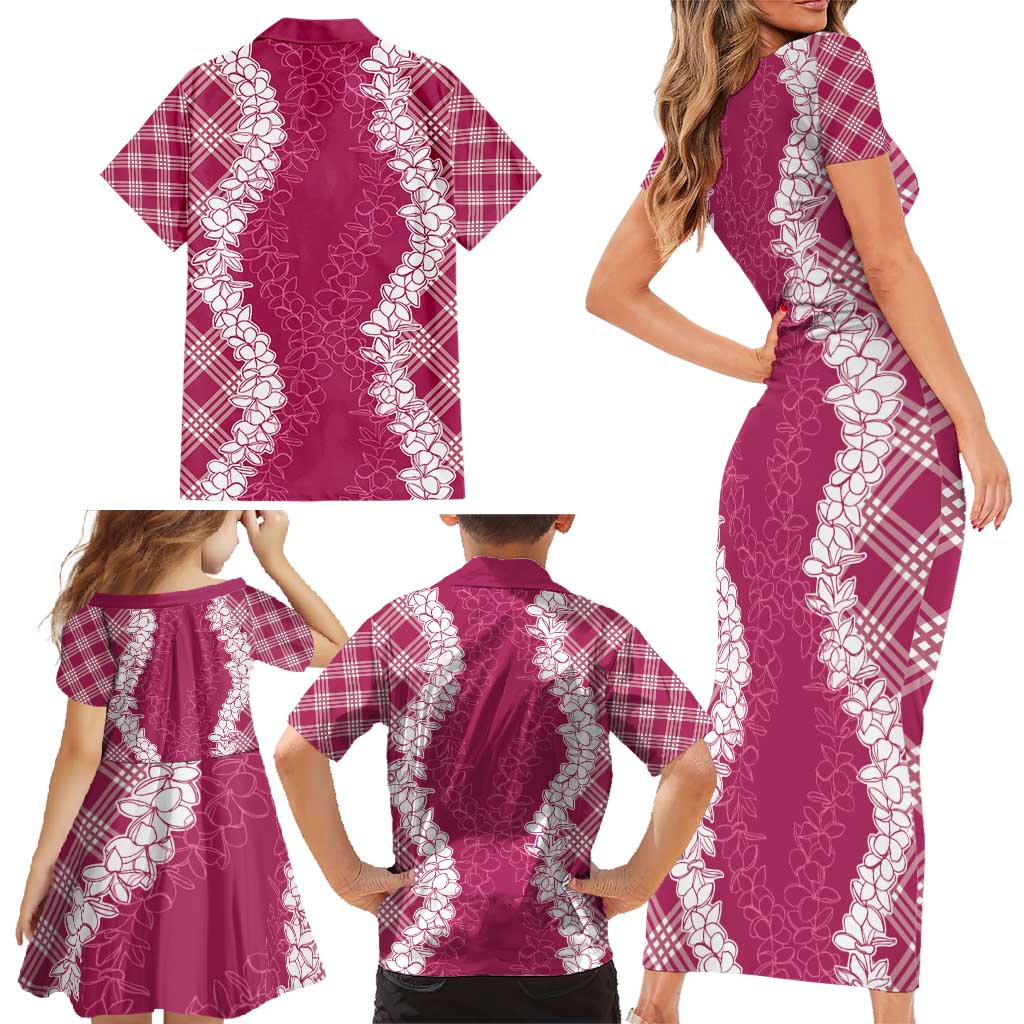 Hawaii Aloha Plumeria Lei Fuschia Palaka Family Matching Short Sleeve Bodycon Dress and Hawaiian Shirt - Polynesian Pride