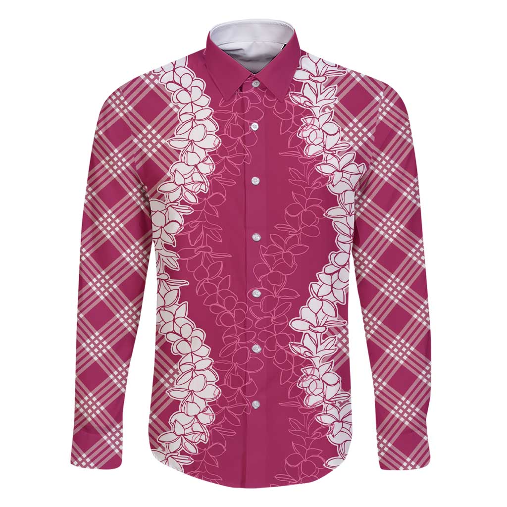 Hawaii Aloha Plumeria Lei Fuschia Palaka Family Matching Short Sleeve Bodycon Dress and Hawaiian Shirt - Polynesian Pride