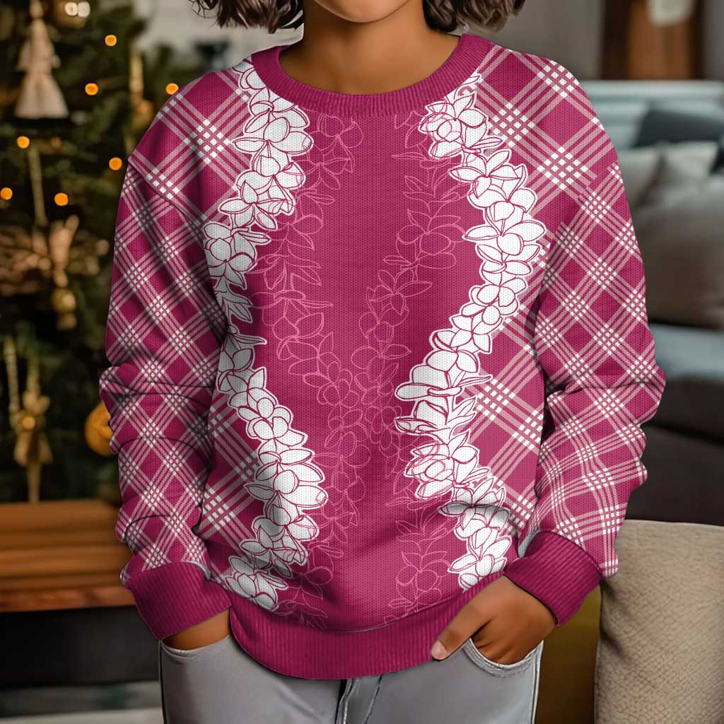 Hawaii Aloha Plumeria Lei Fuschia Palaka Kid Ugly Christmas Sweater - Polynesian Pride