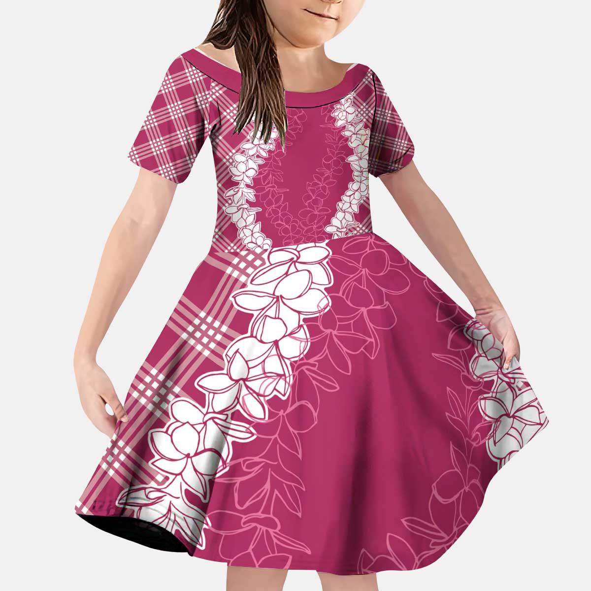 Hawaii Aloha Plumeria Lei Fuschia Palaka Kid Short Sleeve Dress - Polynesian Pride
