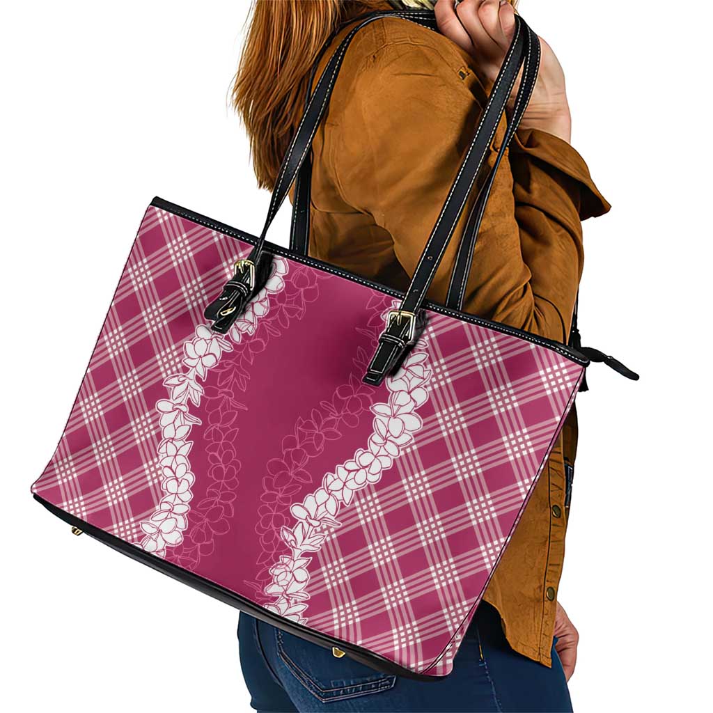 Hawaii Aloha Plumeria Lei Fuschia Palaka Leather Tote Bag - Polynesian Pride
