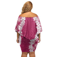 Hawaii Aloha Plumeria Lei Fuschia Palaka Off Shoulder Short Dress - Polynesian Pride