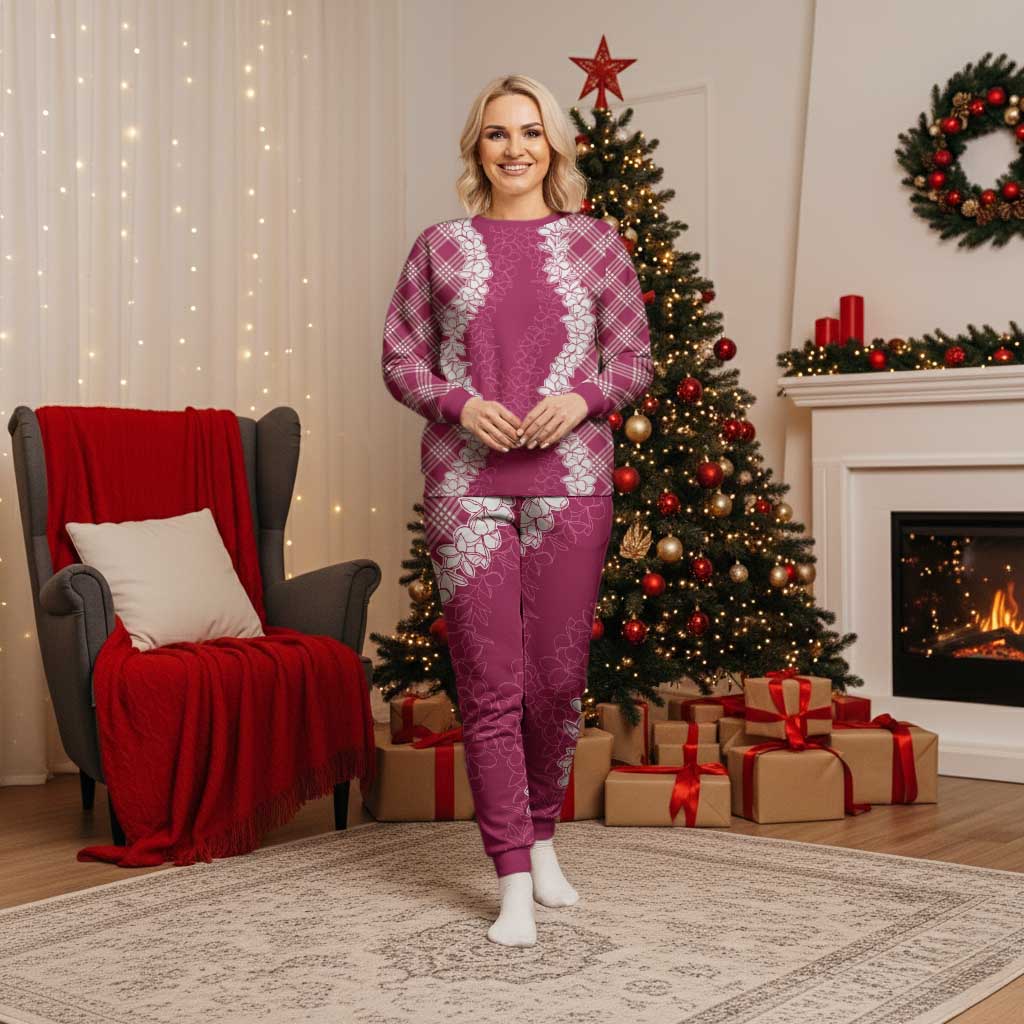 Hawaii Aloha Plumeria Lei Fuschia Palaka Christmas Pajama Set - Polynesian Pride