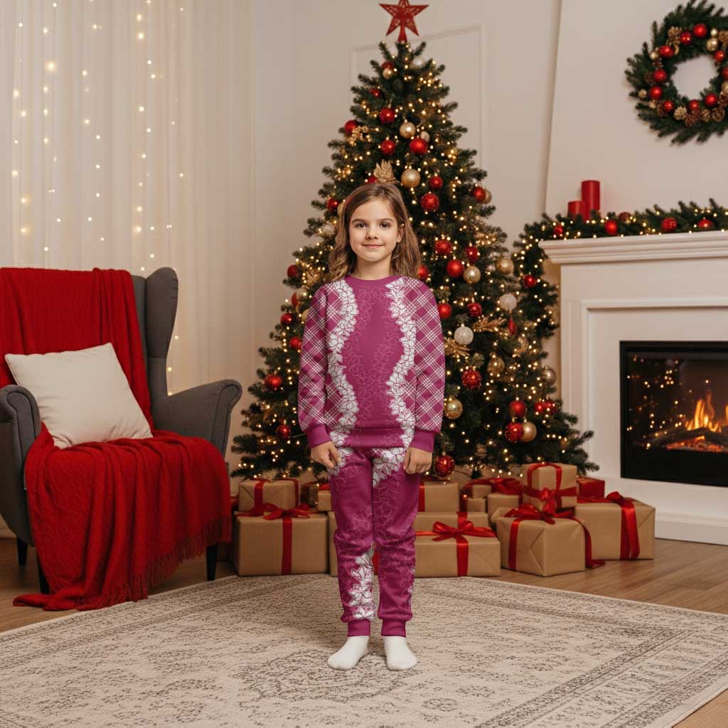 Hawaii Aloha Plumeria Lei Fuschia Palaka Christmas Pajama Set - Polynesian Pride