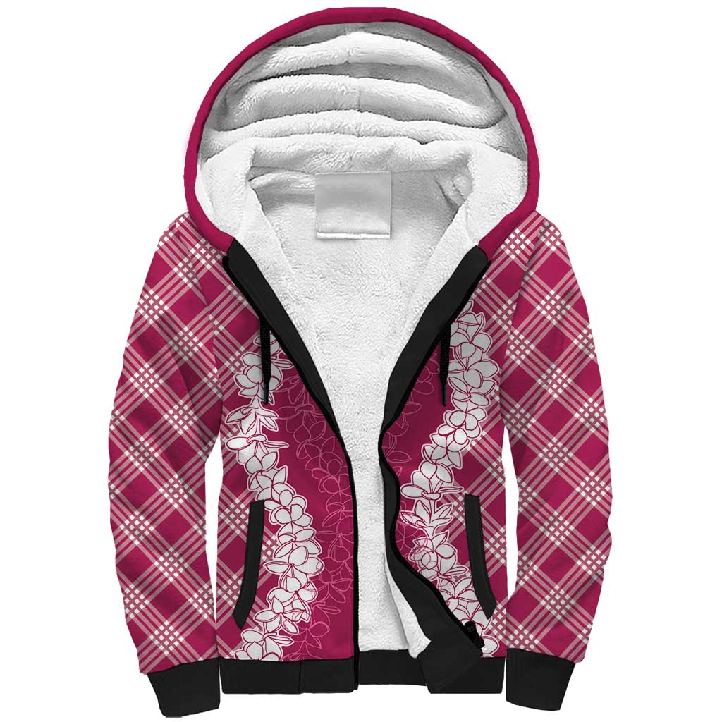 Hawaii Aloha Plumeria Lei Fuschia Palaka Sherpa Hoodie - Polynesian Pride
