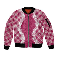 Hawaii Aloha Plumeria Lei Fuschia Palaka Sleeve Zip Bomber Jacket - Polynesian Pride