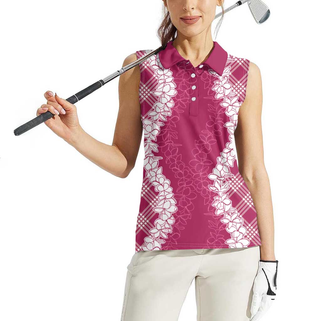 Hawaii Aloha Plumeria Lei Fuschia Palaka Women Sleeveless Polo Shirt - Polynesian Pride
