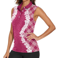 Hawaii Aloha Plumeria Lei Fuschia Palaka Women Sleeveless Polo Shirt - Polynesian Pride