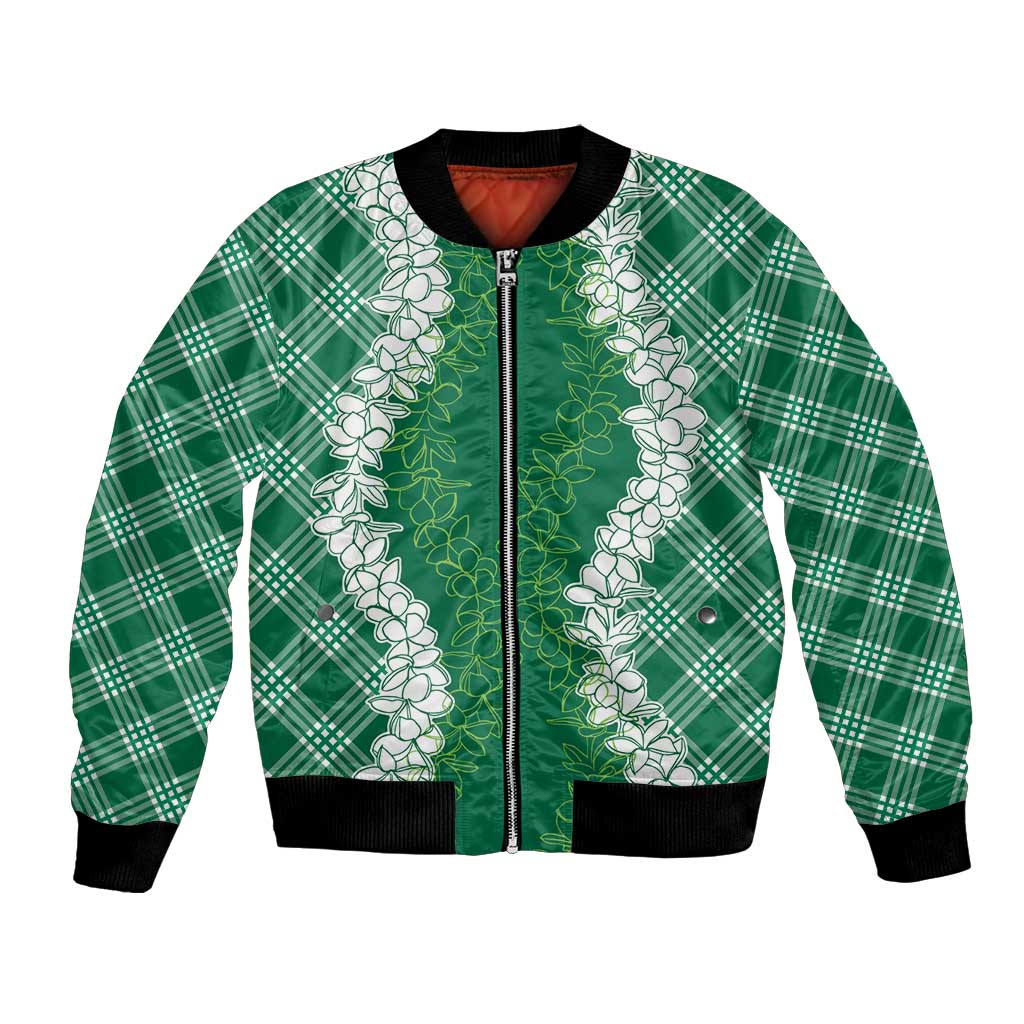 Hawaii Aloha Plumeria Lei Green Palaka Bomber Jacket - Polynesian Pride