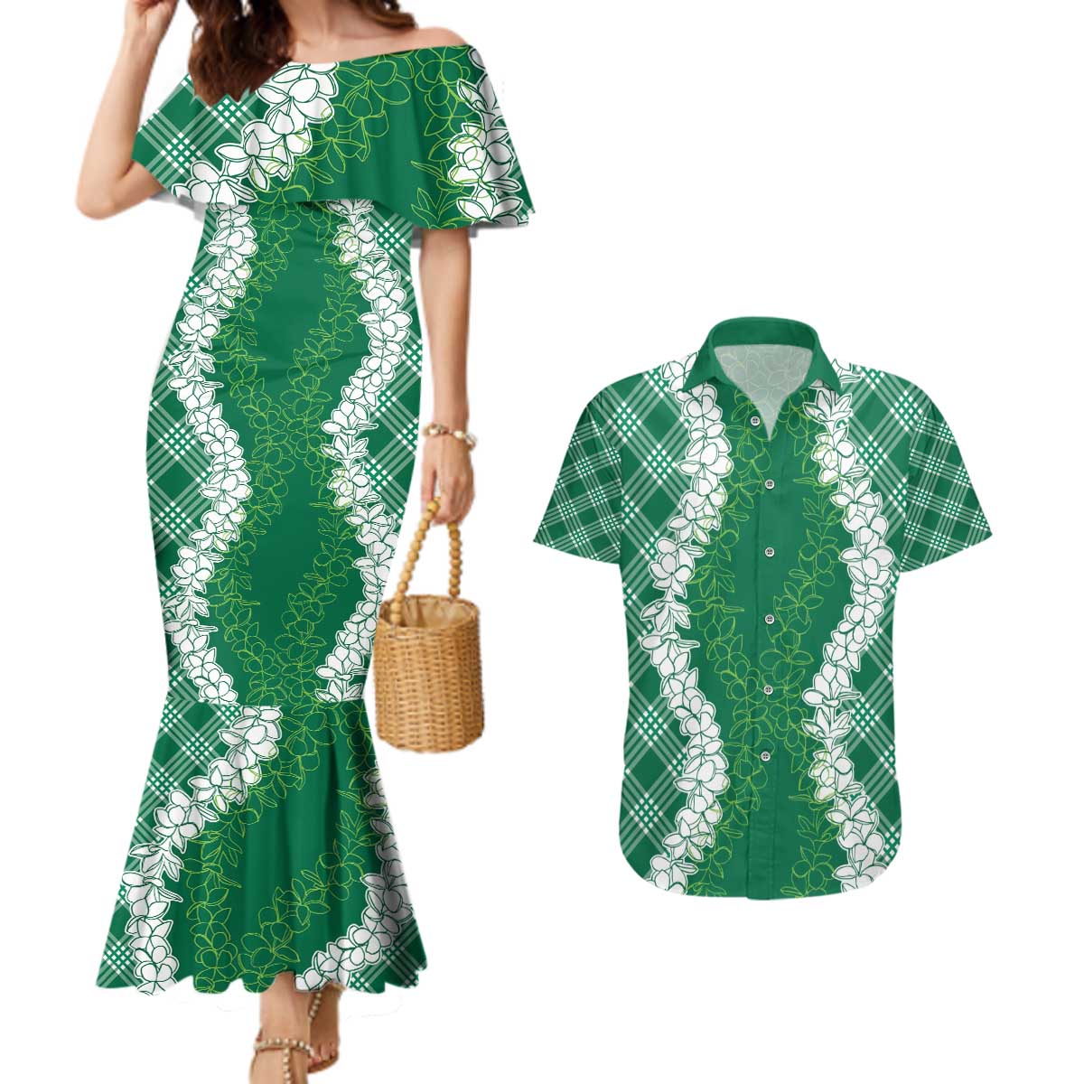 Hawaii Aloha Plumeria Lei Green Palaka Couples Matching Mermaid Dress and Hawaiian Shirt LT7 Green - Polynesian Pride