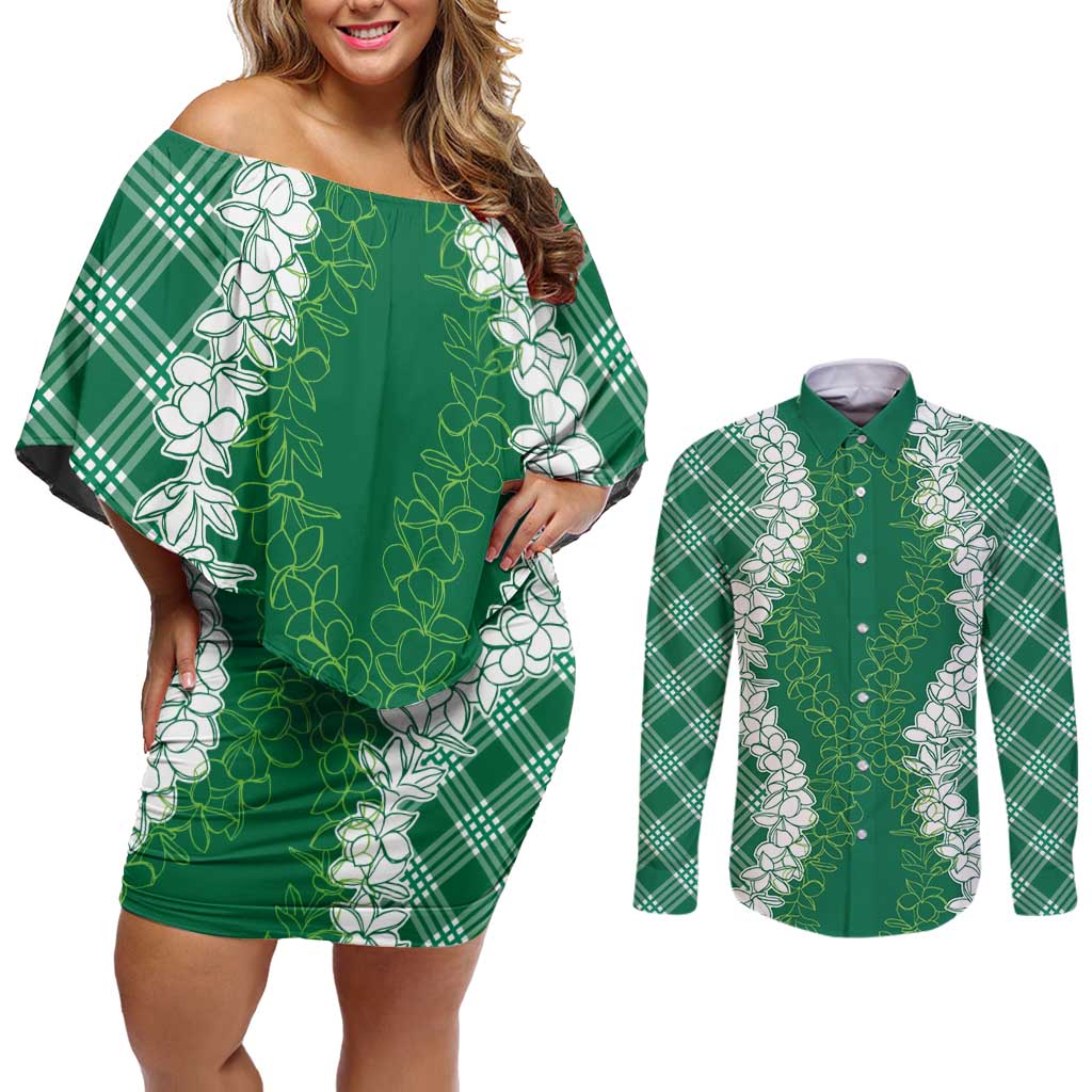 Hawaii Aloha Plumeria Lei Green Palaka Couples Matching Off Shoulder Short Dress and Long Sleeve Button Shirt - Polynesian Pride