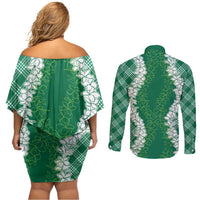 Hawaii Aloha Plumeria Lei Green Palaka Couples Matching Off Shoulder Short Dress and Long Sleeve Button Shirt LT7 - Polynesian Pride
