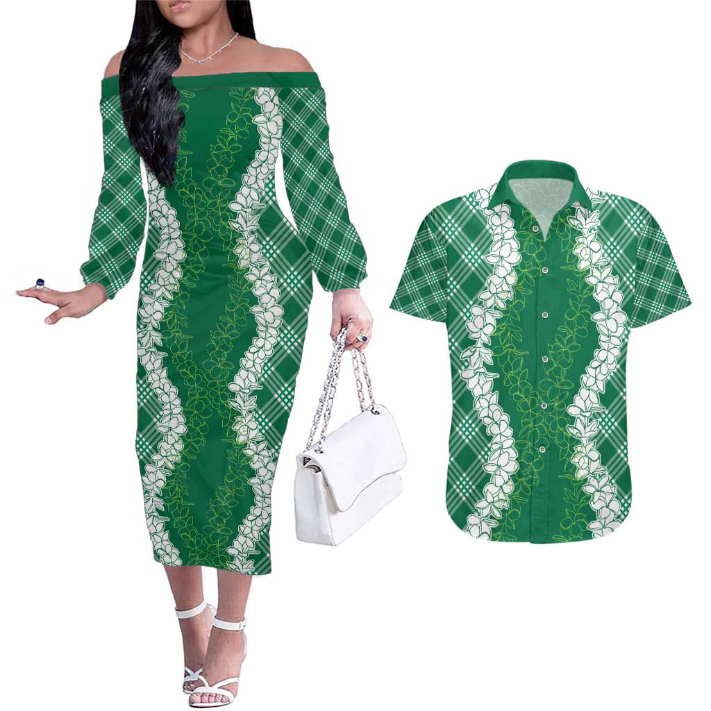 Hawaii Aloha Plumeria Lei Green Palaka Couples Matching Off The Shoulder Long Sleeve Dress and Hawaiian Shirt - Polynesian Pride
