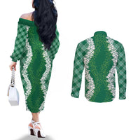 Hawaii Aloha Plumeria Lei Green Palaka Couples Matching Off The Shoulder Long Sleeve Dress and Long Sleeve Button Shirt LT7 - Polynesian Pride