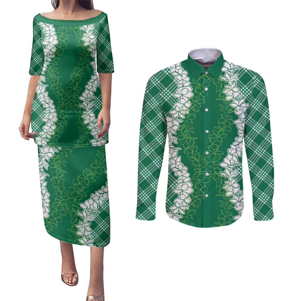 Hawaii Aloha Plumeria Lei Green Palaka Couples Matching Puletasi and Long Sleeve Button Shirt - Polynesian Pride