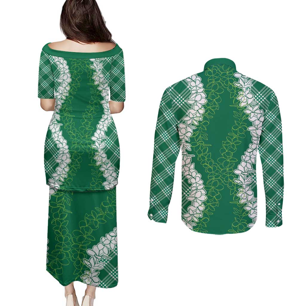 Hawaii Aloha Plumeria Lei Green Palaka Couples Matching Puletasi and Long Sleeve Button Shirt - Polynesian Pride