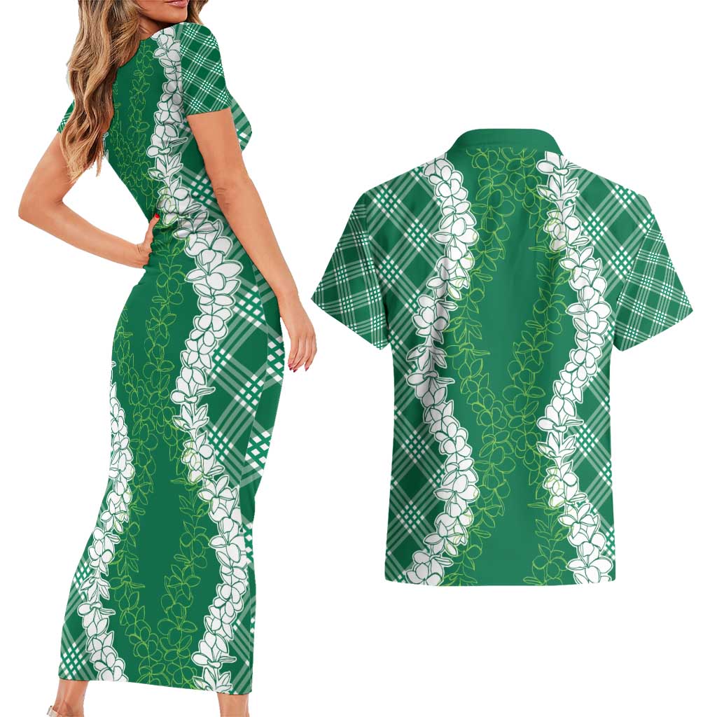 Hawaii Aloha Plumeria Lei Green Palaka Couples Matching Short Sleeve Bodycon Dress and Hawaiian Shirt LT7 - Polynesian Pride