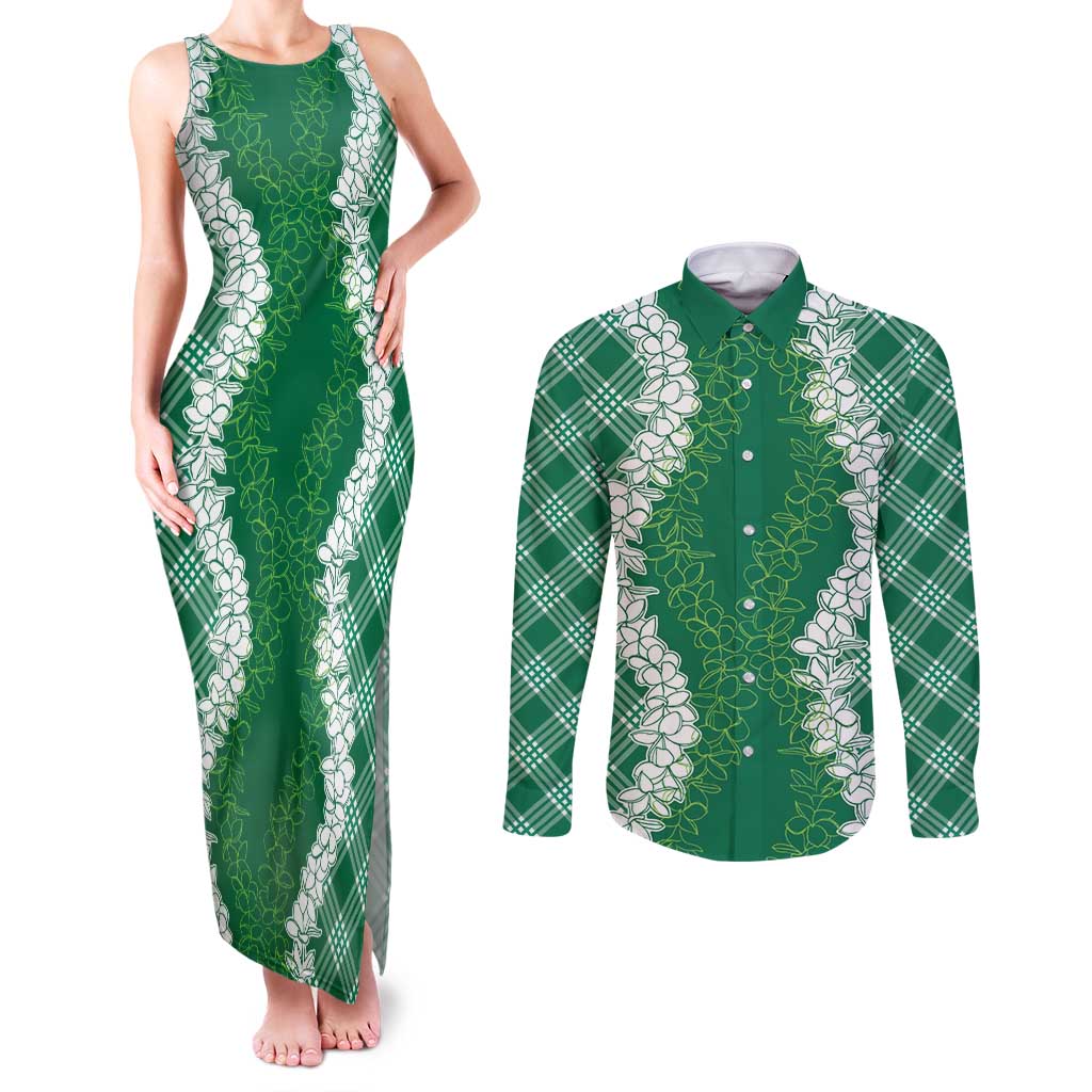 Hawaii Aloha Plumeria Lei Green Palaka Couples Matching Tank Maxi Dress and Long Sleeve Button Shirt - Polynesian Pride