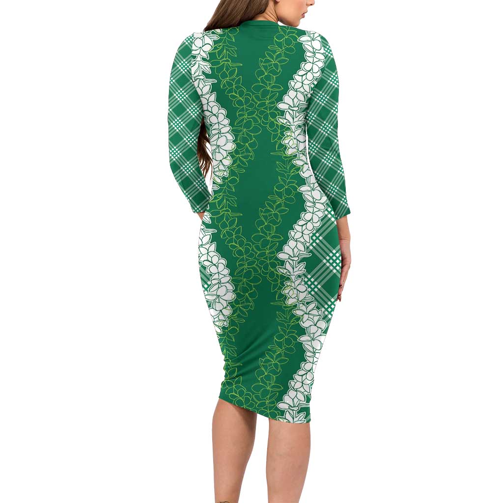 Hawaii Aloha Plumeria Lei Green Palaka Family Matching Long Sleeve Bodycon Dress and Hawaiian Shirt - Polynesian Pride
