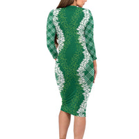 Hawaii Aloha Plumeria Lei Green Palaka Family Matching Long Sleeve Bodycon Dress and Hawaiian Shirt - Polynesian Pride