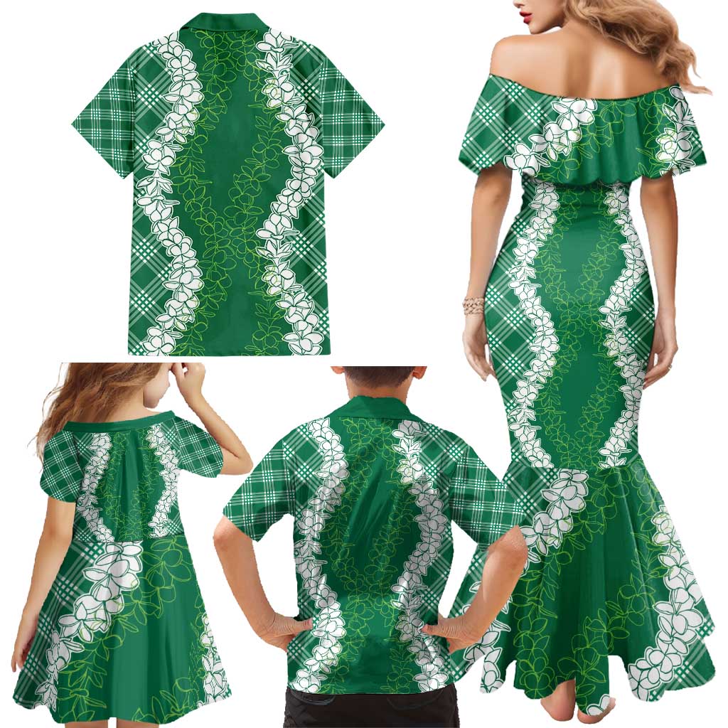 Hawaii Aloha Plumeria Lei Green Palaka Family Matching Mermaid Dress and Hawaiian Shirt - Polynesian Pride