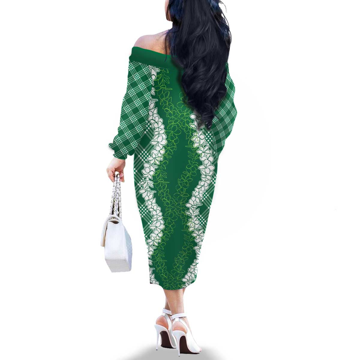 Hawaii Aloha Plumeria Lei Green Palaka Family Matching Off The Shoulder Long Sleeve Dress and Hawaiian Shirt - Polynesian Pride