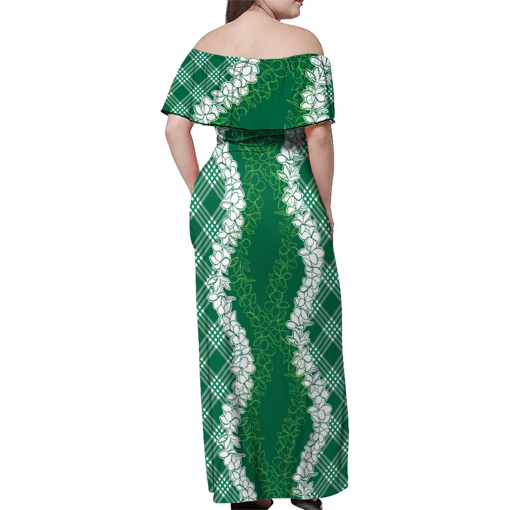 Hawaii Aloha Plumeria Lei Green Palaka Family Matching Off Shoulder Maxi Dress and Hawaiian Shirt - Polynesian Pride