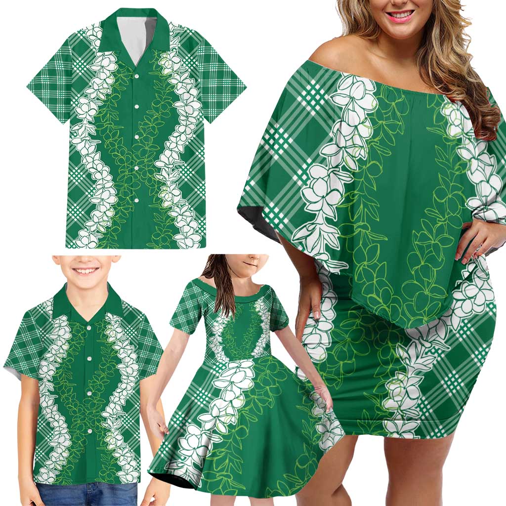 Hawaii Aloha Plumeria Lei Green Palaka Family Matching Off Shoulder Short Dress and Hawaiian Shirt - Polynesian Pride