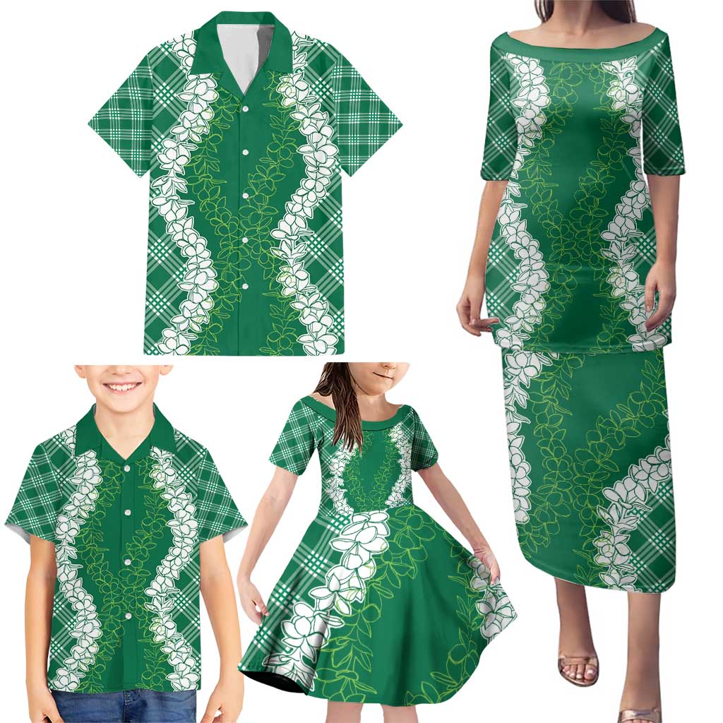 Hawaii Aloha Plumeria Lei Green Palaka Family Matching Puletasi and Hawaiian Shirt - Polynesian Pride