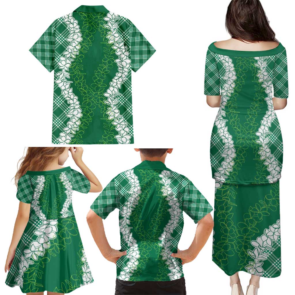 Hawaii Aloha Plumeria Lei Green Palaka Family Matching Puletasi and Hawaiian Shirt - Polynesian Pride