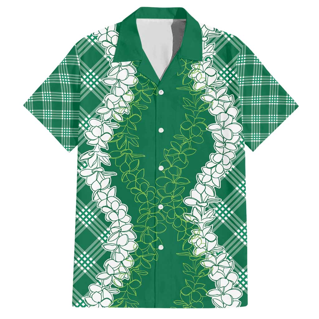 Hawaii Aloha Plumeria Lei Green Palaka Family Matching Short Sleeve Bodycon Dress and Hawaiian Shirt - Polynesian Pride