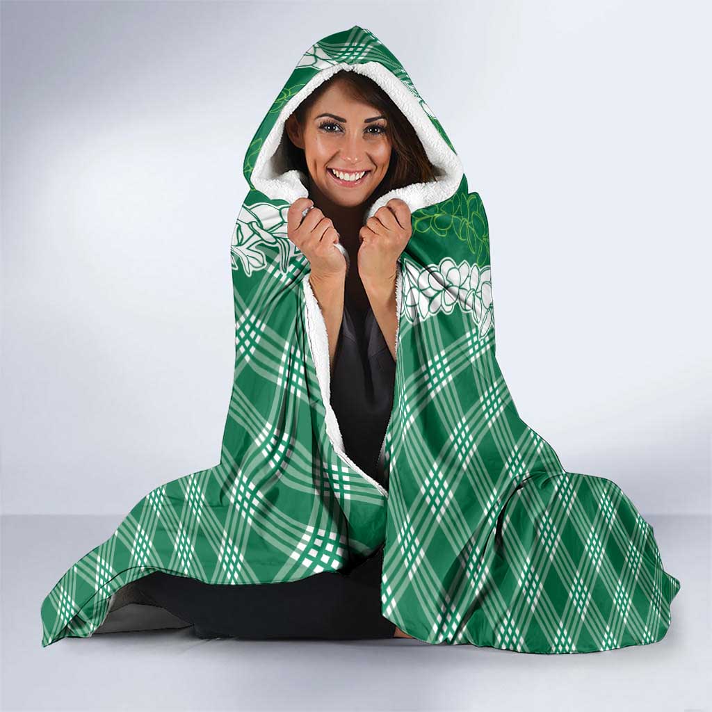 Hawaii Aloha Plumeria Lei Green Palaka Hooded Blanket - Polynesian Pride