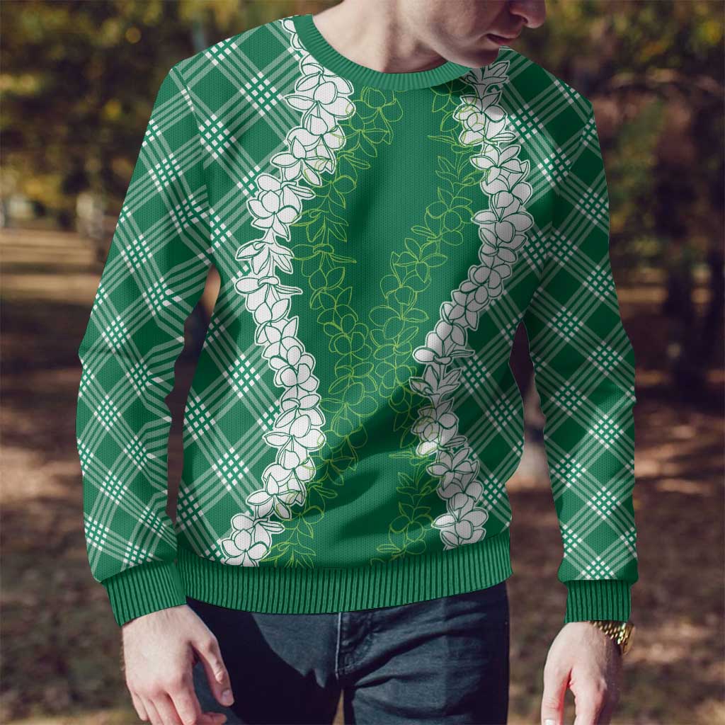 Hawaii Aloha Plumeria Lei Green Palaka Ugly Christmas Sweater - Polynesian Pride
