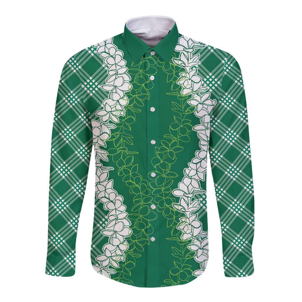 Hawaii Aloha Plumeria Lei Green Palaka Long Sleeve Button Shirt - Polynesian Pride