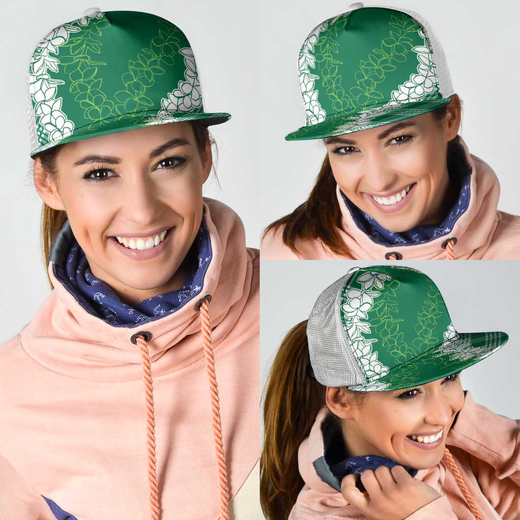 Hawaii Aloha Plumeria Lei Green Palaka Mesh Trucker Cap - Polynesian Pride