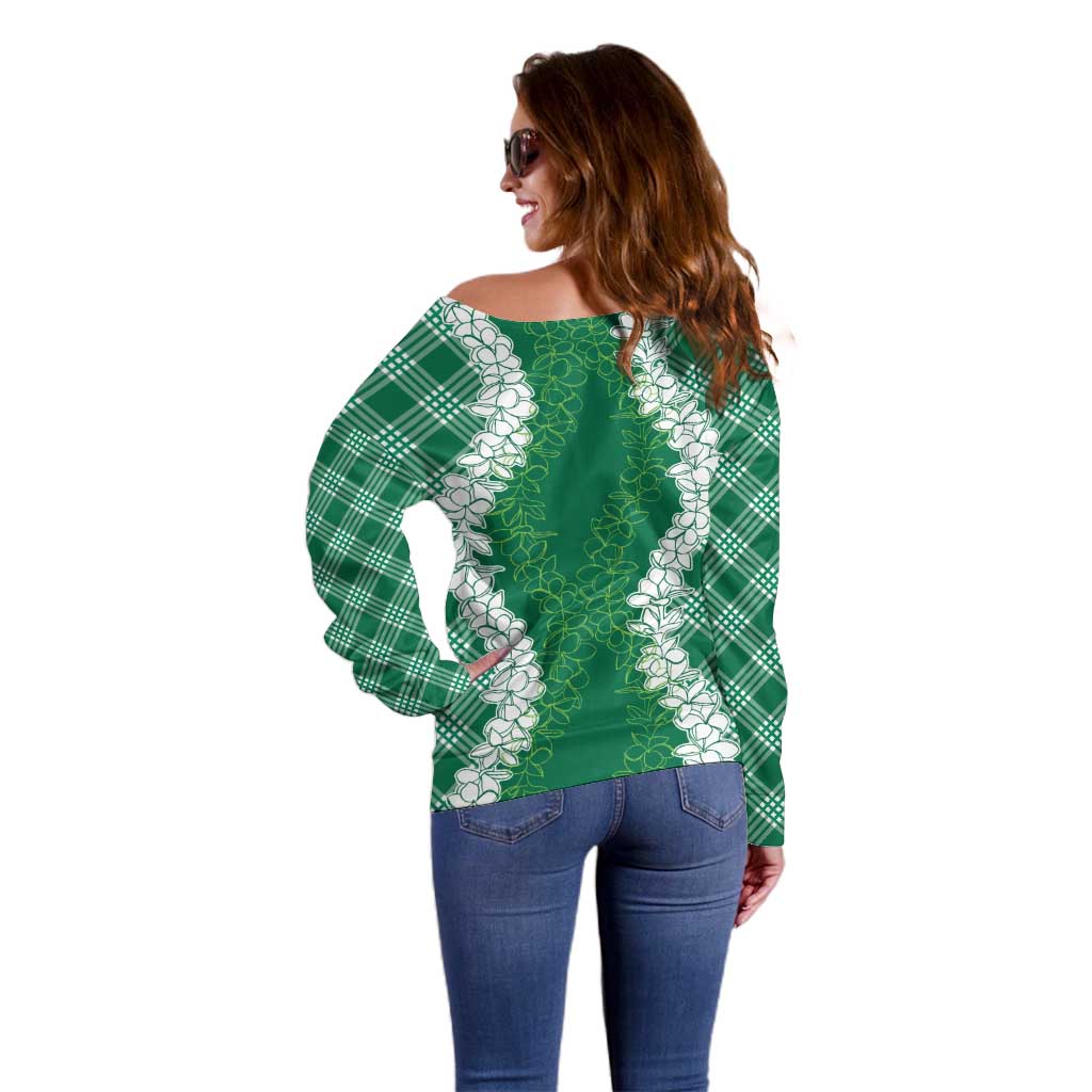 Hawaii Aloha Plumeria Lei Green Palaka Off Shoulder Sweater - Polynesian Pride